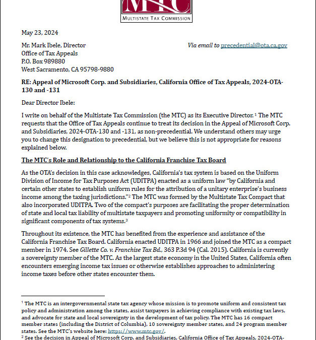 MTC Letter to California OTA on Microsoft Case